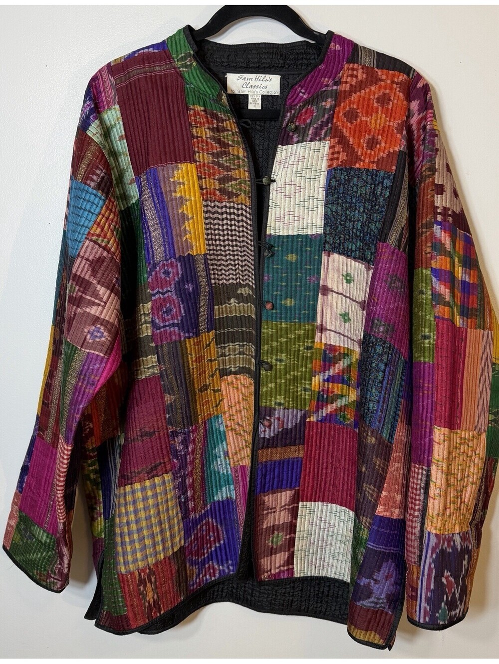 Vintage Sam Hilu Silk Patchwork Quilt Jacket Ikat Kantha Ethnic Cardigan Large